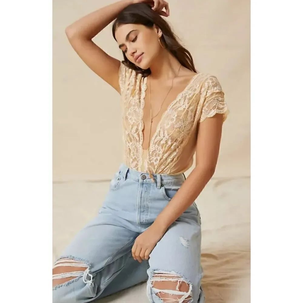 Clo Intimo Fortuna Deep V Mesh Lace Bodysuit sz S